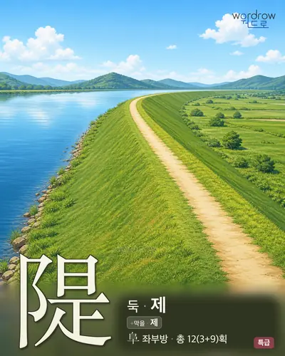 隄 (둑 제) - 특급 한자 일러스트 카드
