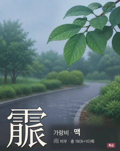 霢 (가랑비 맥) - 특급 한자 일러스트 카드