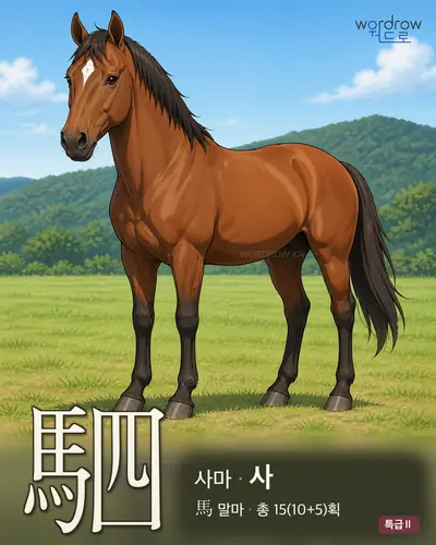 駟 (사마(駟馬) 사) - 특급Ⅱ 한자 일러스트 카드