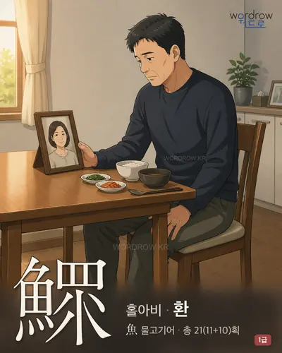 鰥 (홀아비 환) - 1급 한자 일러스트 카드