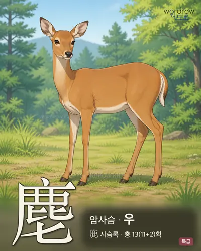 麀 (암사슴 우) - 특급 한자 일러스트 카드