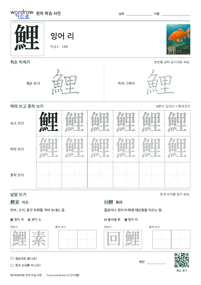 鯉 따라쓰기 학습지 A4 미리보기
