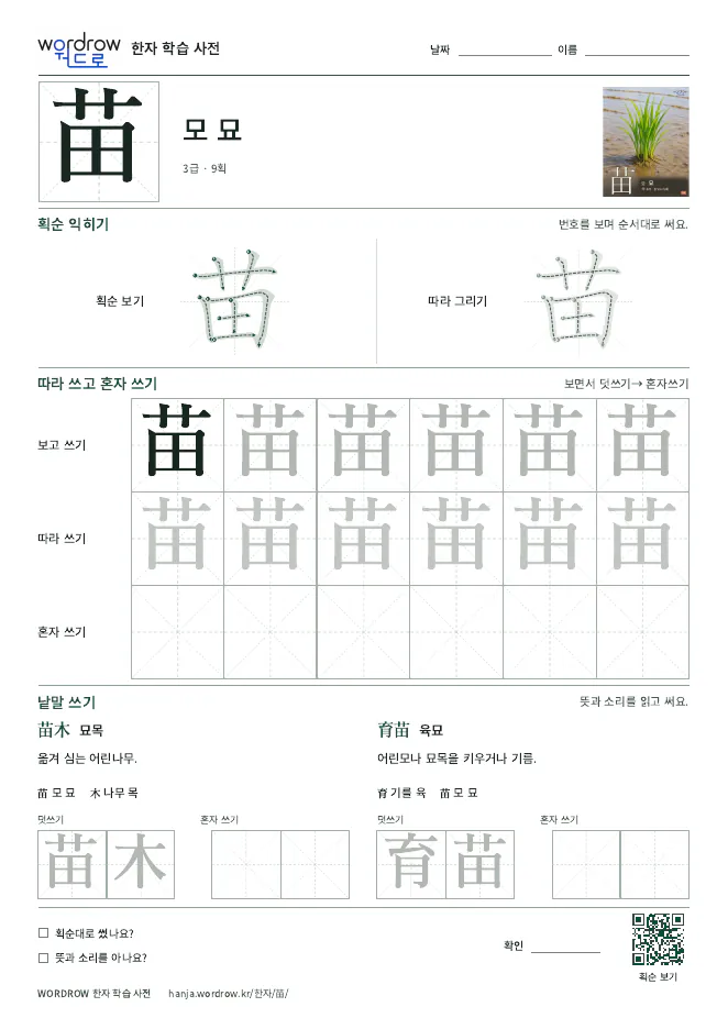 苗 따라쓰기 학습지 A4 미리보기