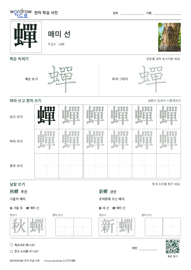 蟬 따라쓰기 학습지 A4 미리보기