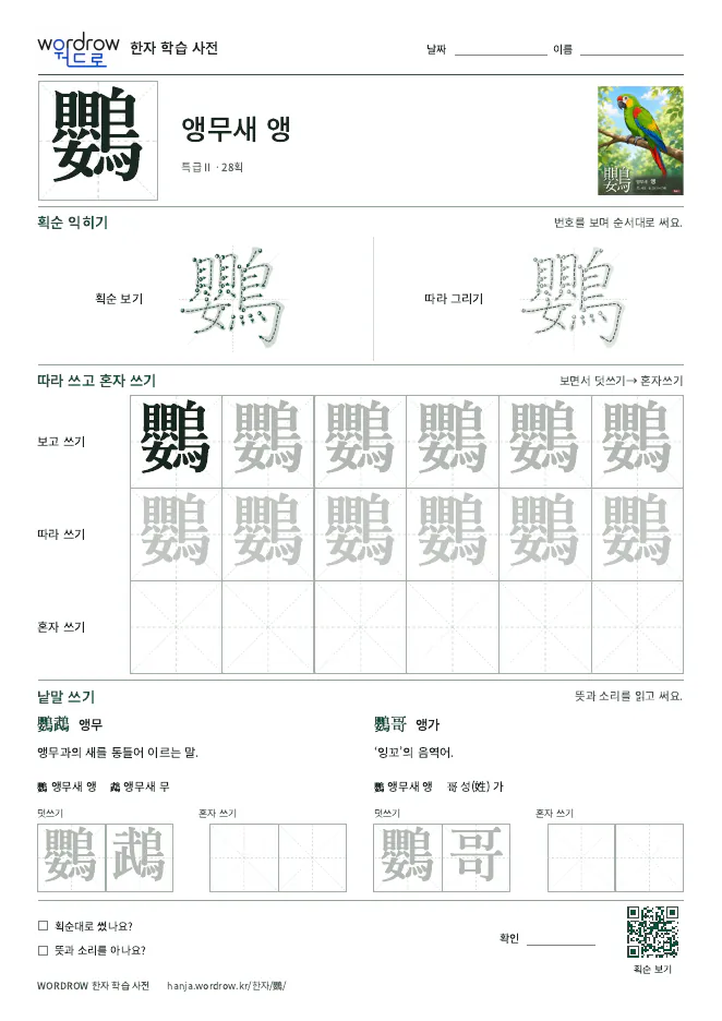 鸚 따라쓰기 학습지 A4 미리보기