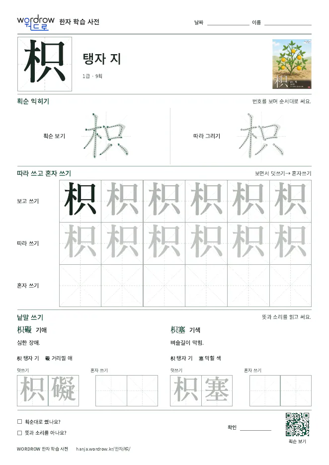 枳 따라쓰기 학습지 A4 미리보기